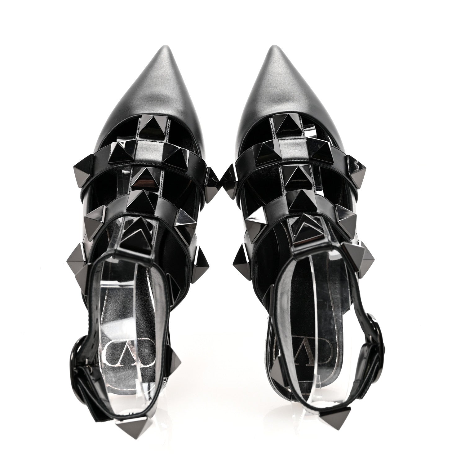 Valentino Garavani Calfskin Monochrome Roman Stud Ankle Strap Flat Mules 35 Black 2 of 9