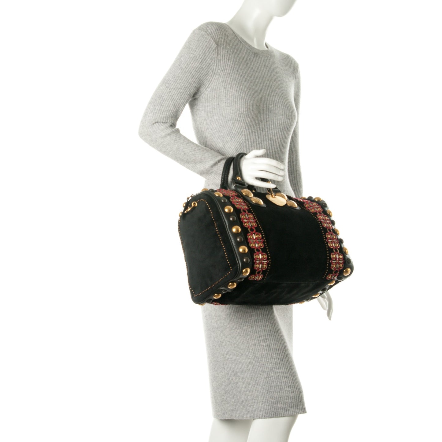 Suede Calfskin Large Babouska Studded Boston Black