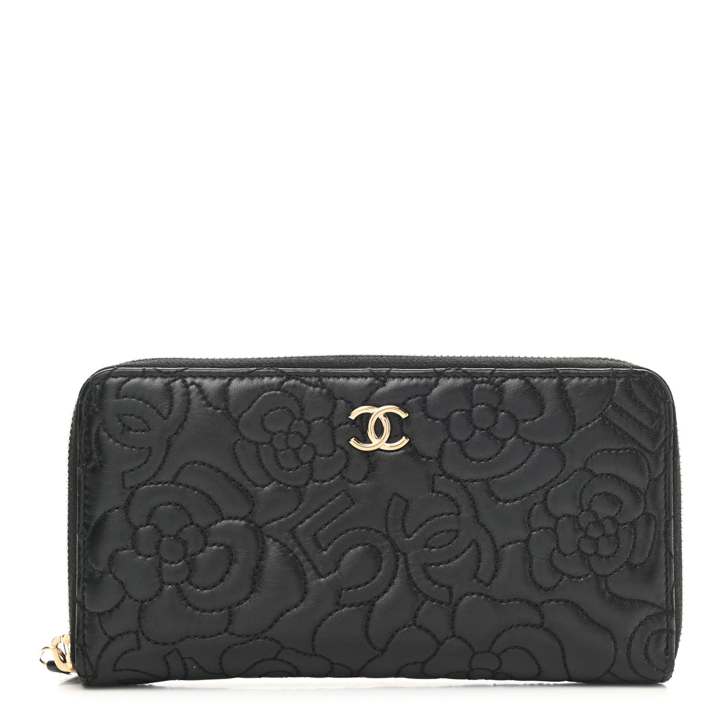 Lambskin Camellia Embossed Large Zip Around Gusset Wallet Black