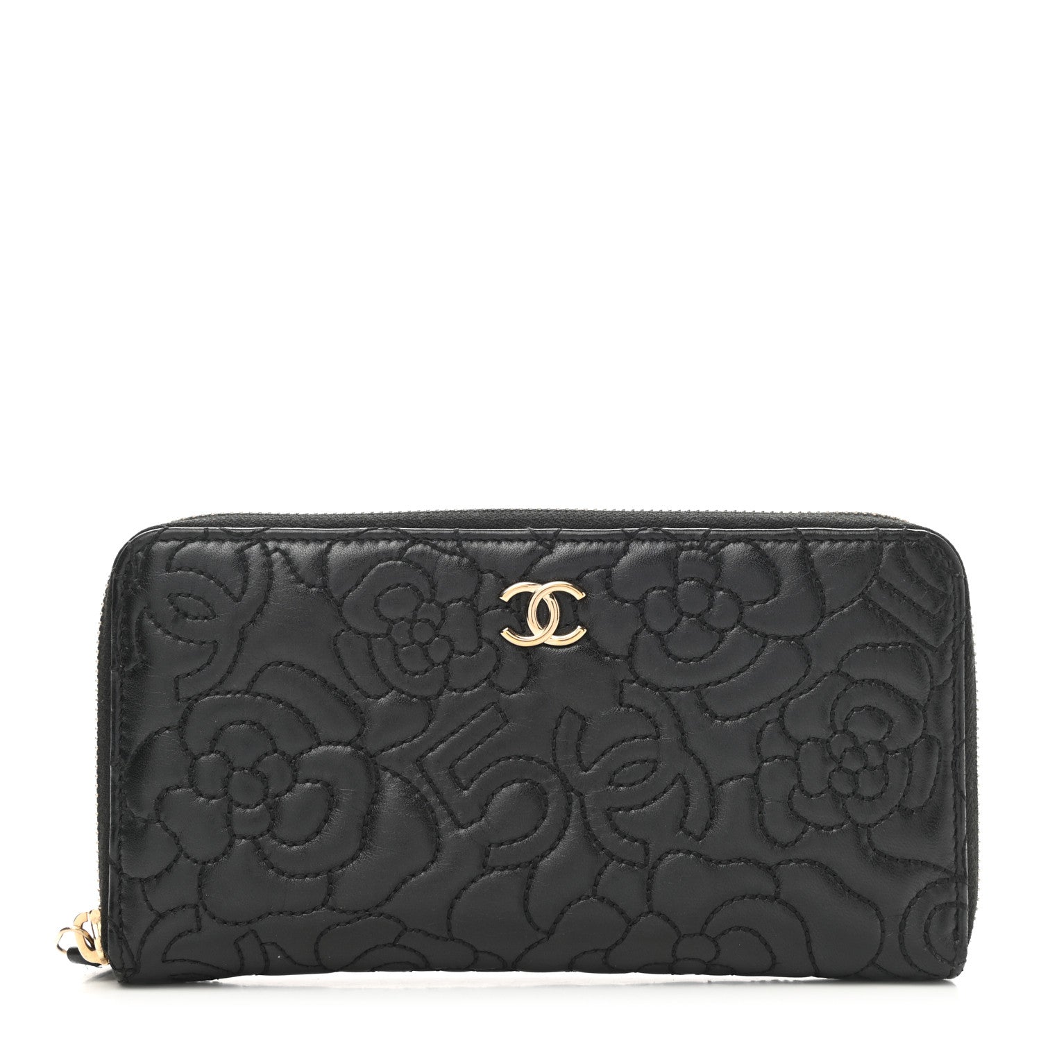 Chanel Lambskin Camellia Embossed Large Zip Around Gusset Wallet Black 1 of 10