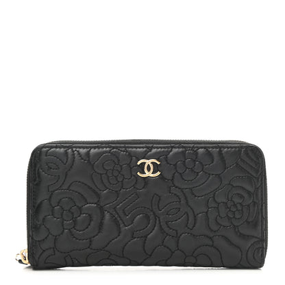Chanel Lambskin Camellia Embossed Large Zip Around Gusset Wallet Black 1 of 10