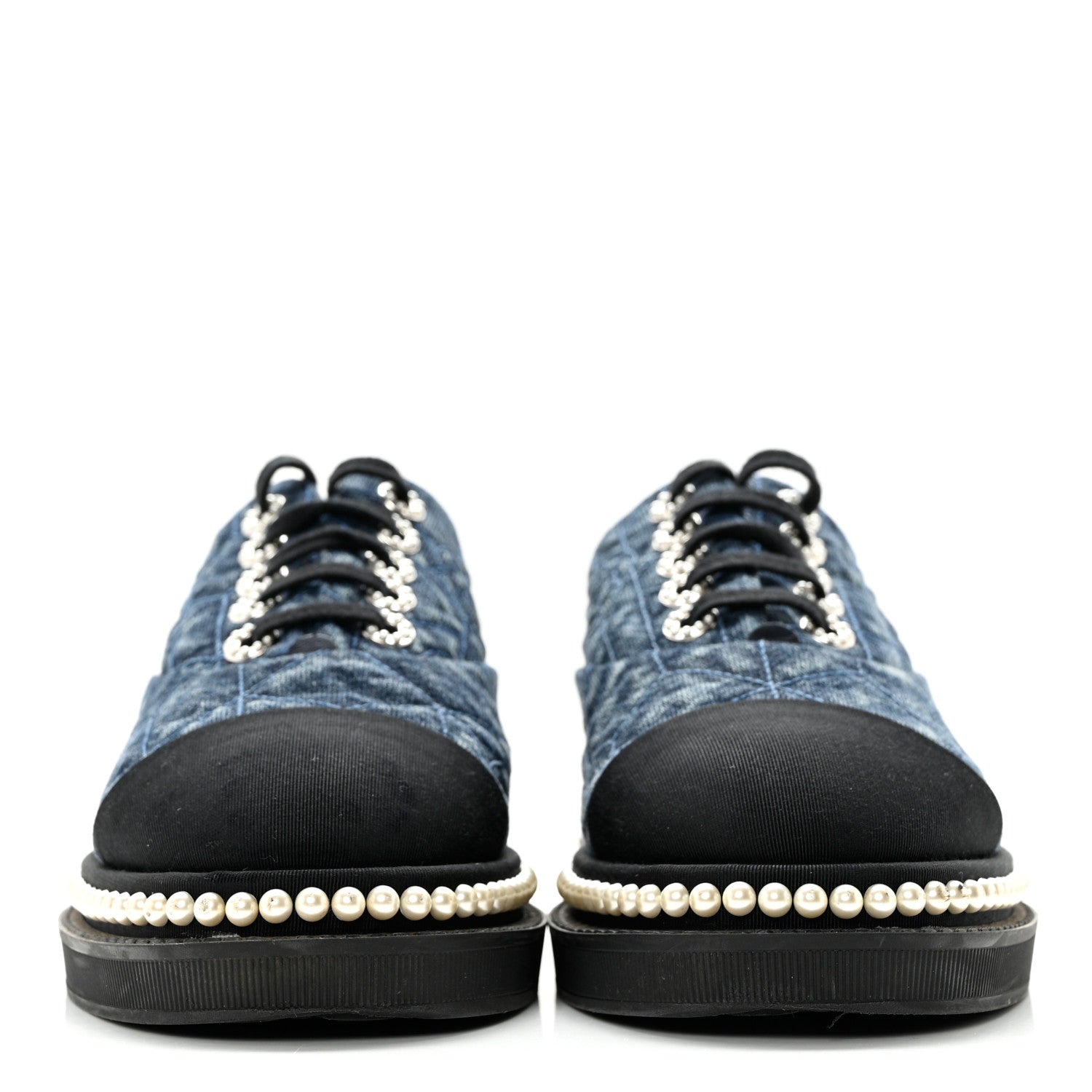 Chanel Denim Grosgrain Camellia Pearl Lace Up Sneakers 38 Blue Black 2 of 12