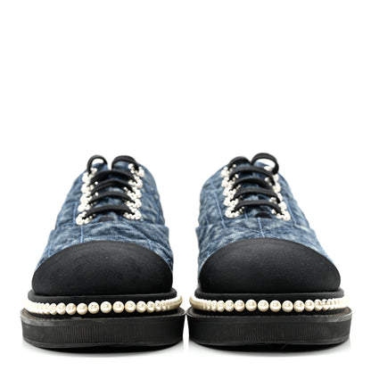 Chanel Denim Grosgrain Camellia Pearl Lace Up Sneakers 38 Blue Black 2 of 12