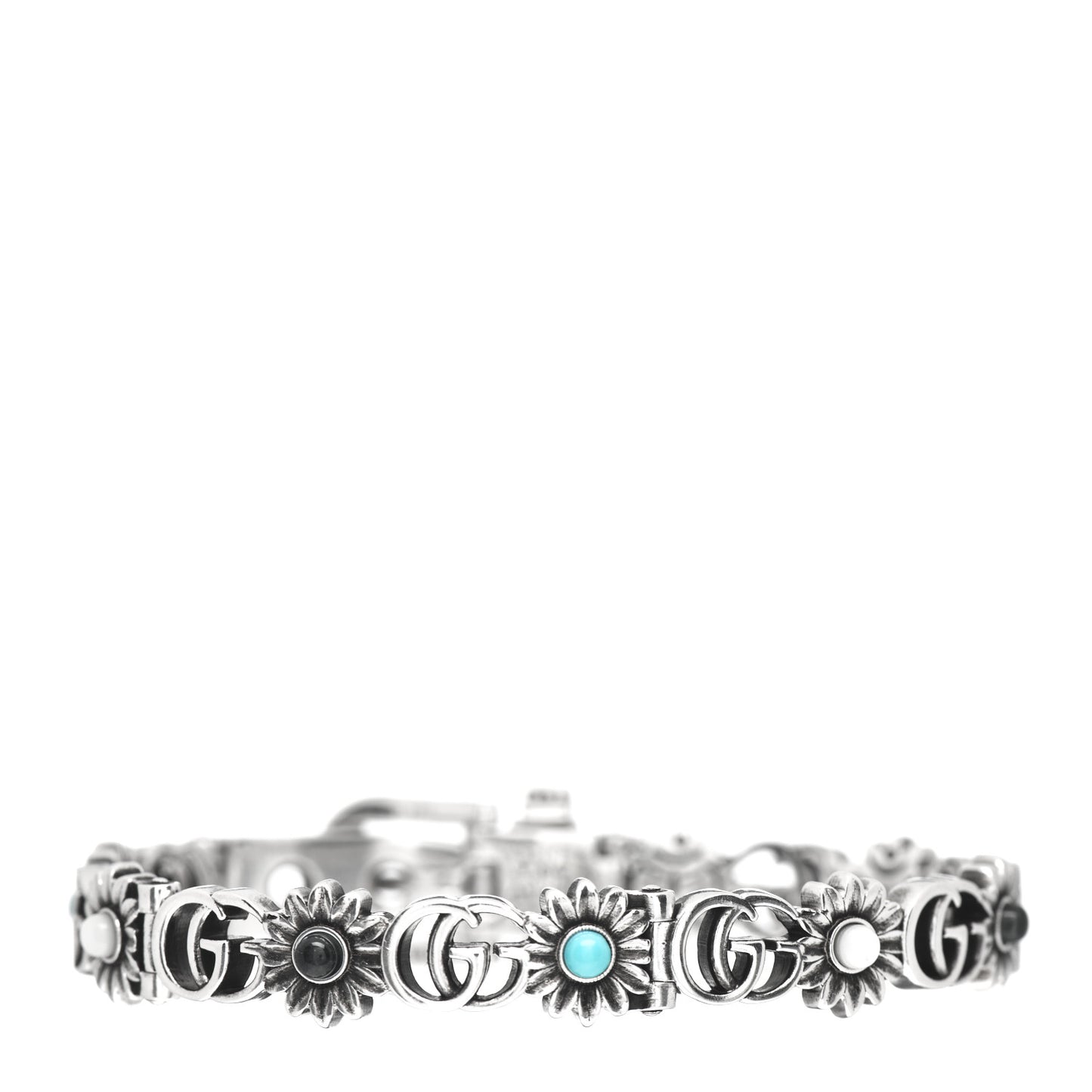 Sterling Silver Blue Topaz Mother of Pearl Turquoise Resin Double G Flower Bracelet
