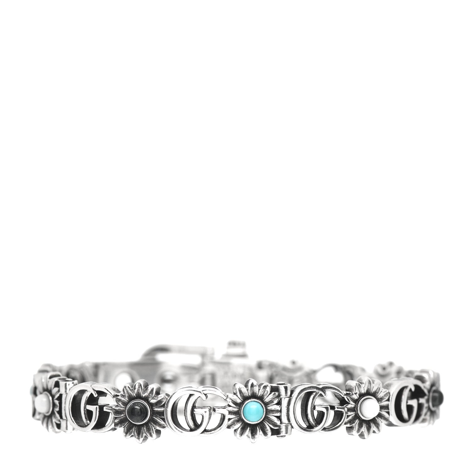 Gucci Sterling Silver Blue Topaz Mother of Pearl Turquoise Resin Double G Flower Bracelet 3 of 4