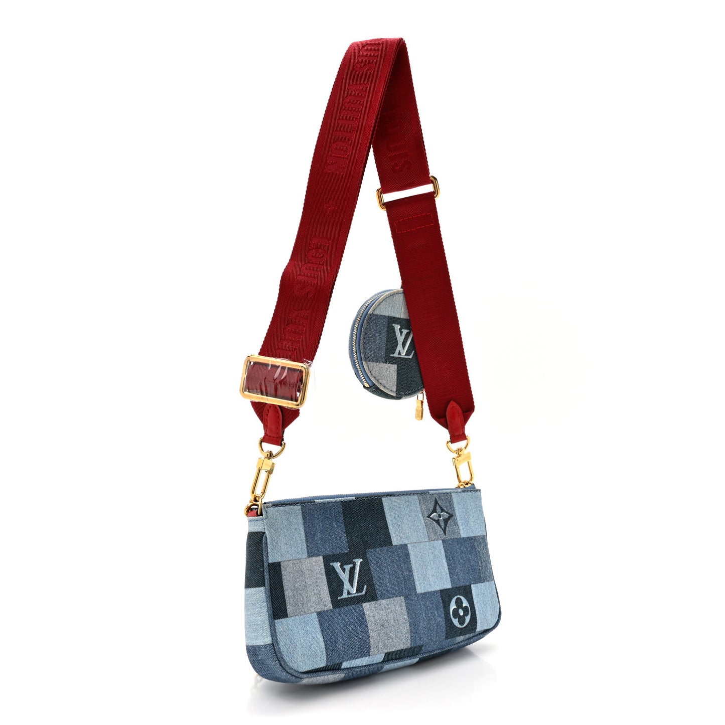 Denim Damier Monogram Patchwork Multi Pochette Accessories Blue Rouge