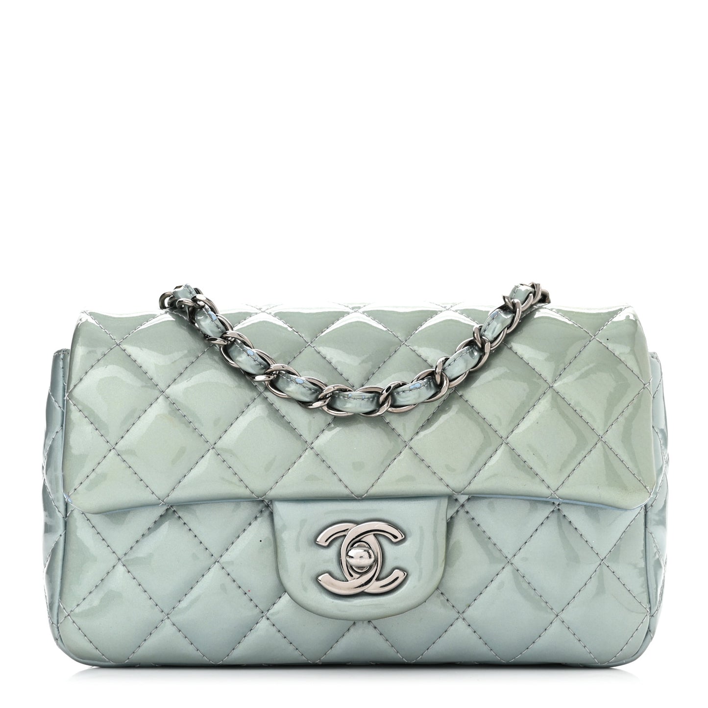 Patent Calfskin Quilted Mini Rectangular Flap Light Blue