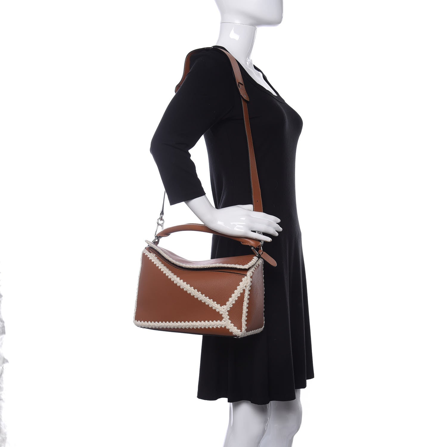 Loewe Calfskin Crochet Trim Medium Puzzle Bag Tan 2 of 9