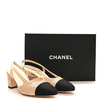 Chanel Sequin Grosgrain Cap Toe CC Slingback Pumps 40 Beige Black 10 of 10