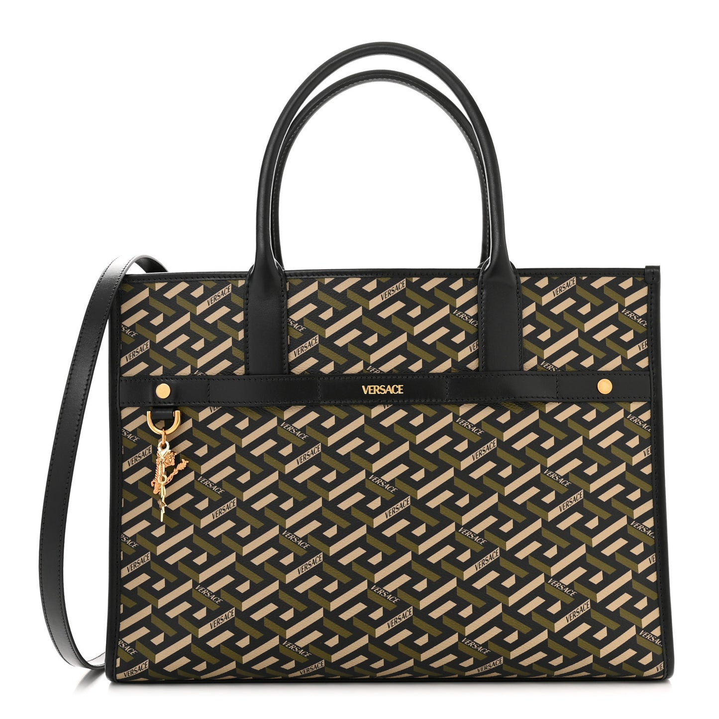 Coated Canvas Calfskin La Greca Signature Tote Bag Black Khaki