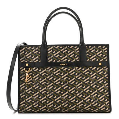 Versace Coated Canvas Calfskin La Greca Signature Tote Bag Black Khaki 1 of 9