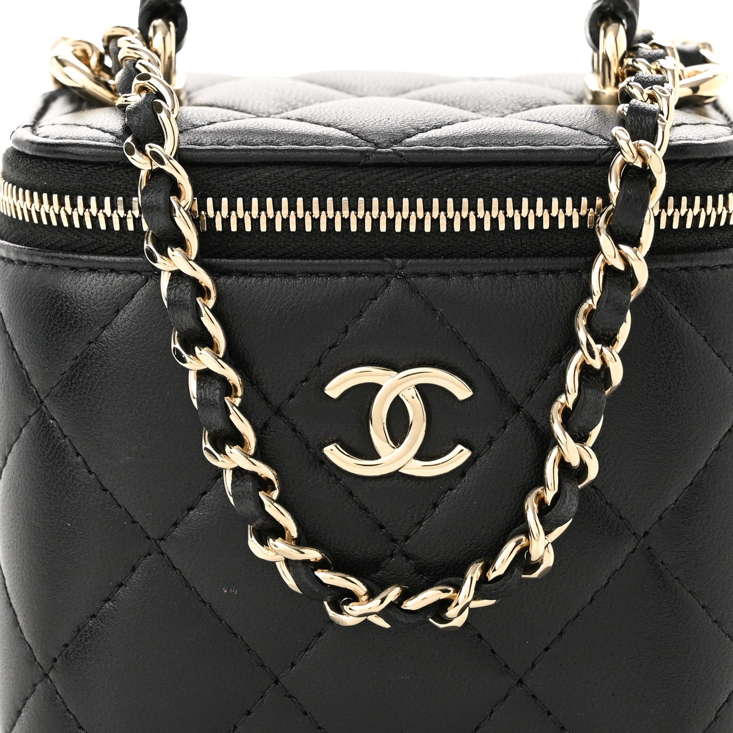 Lambskin Quilted Top Handle Mini Vanity Case With Chain Black