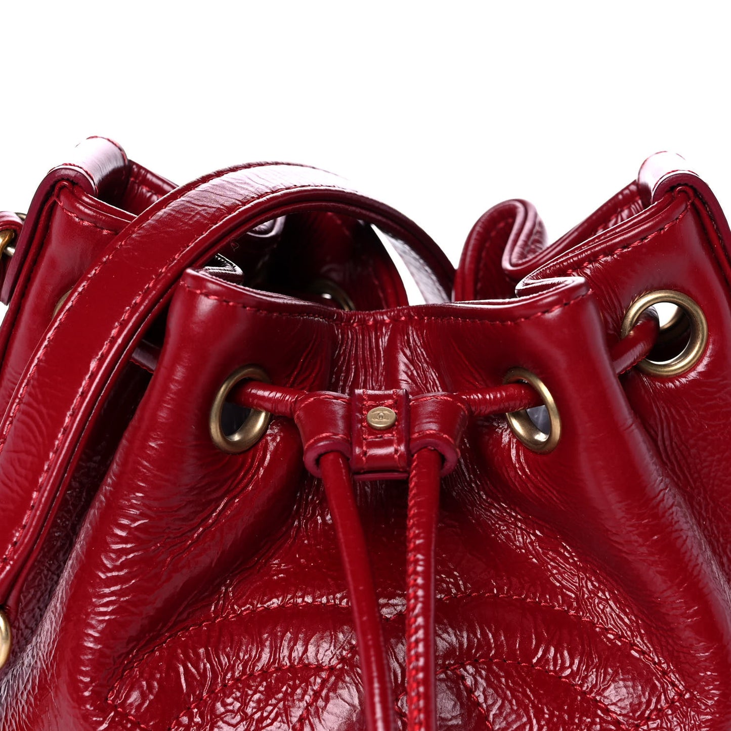 Shiny Aged Calfskin CC Chain Mini Drawstring Bag Red