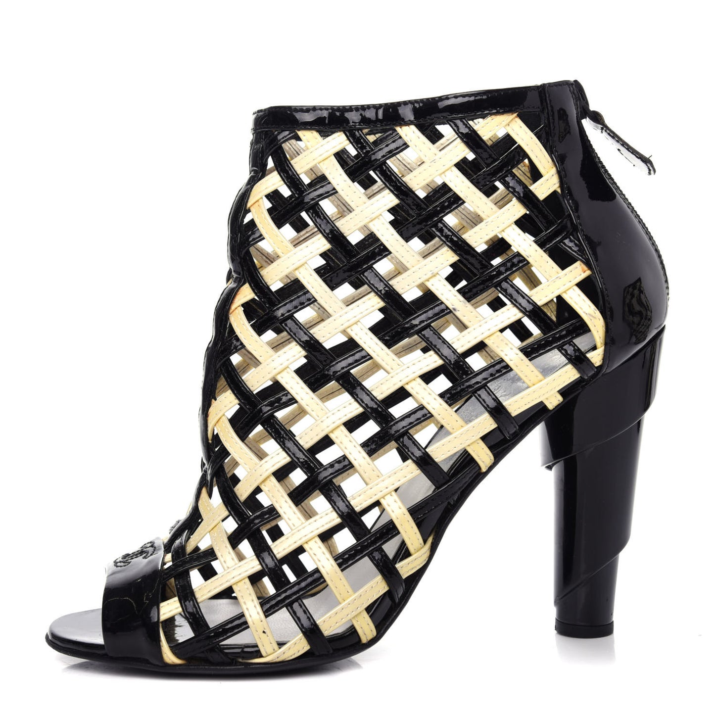 Patent Woven CC Cage Sandals 38.5 Black Ivory