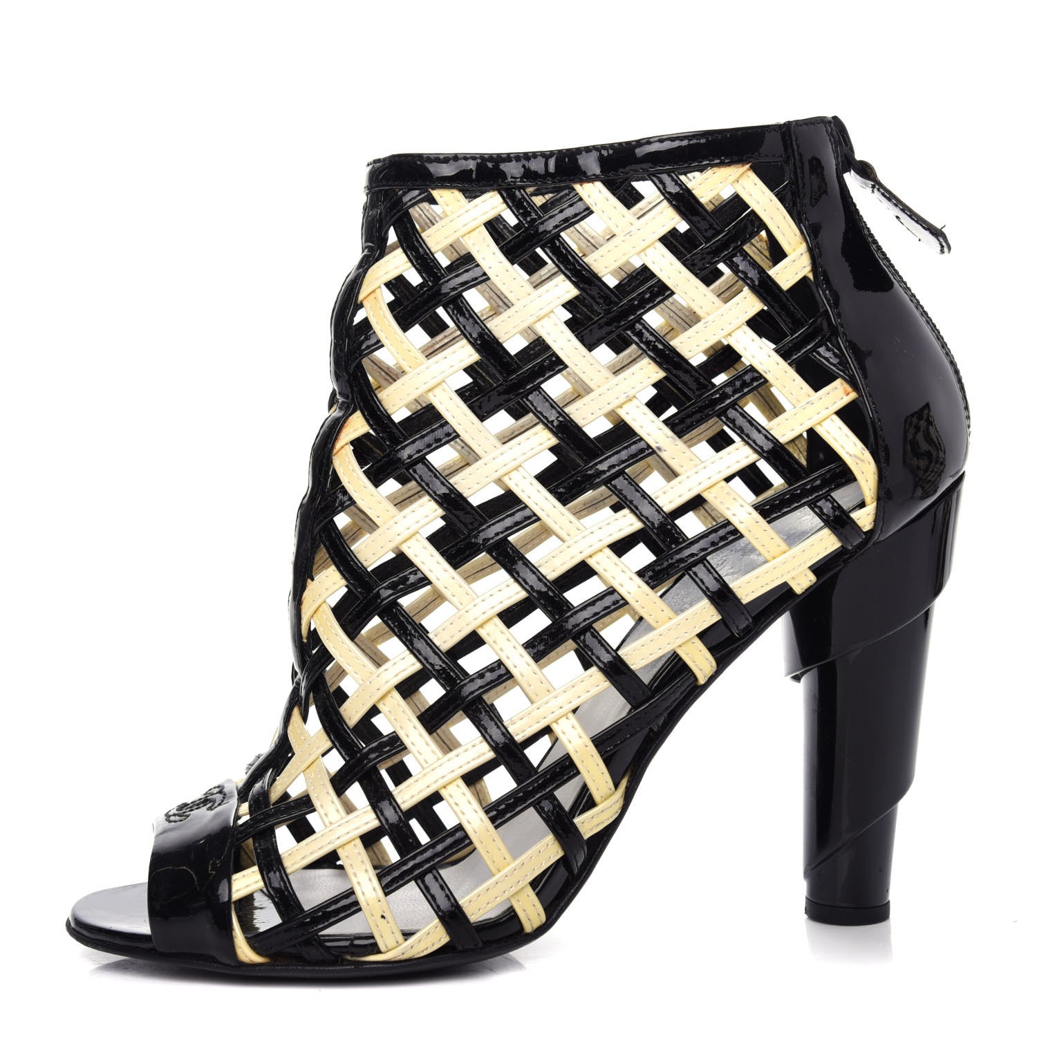 Chanel Patent Woven CC Cage Sandals 38.5 Black Ivory 1 of 10