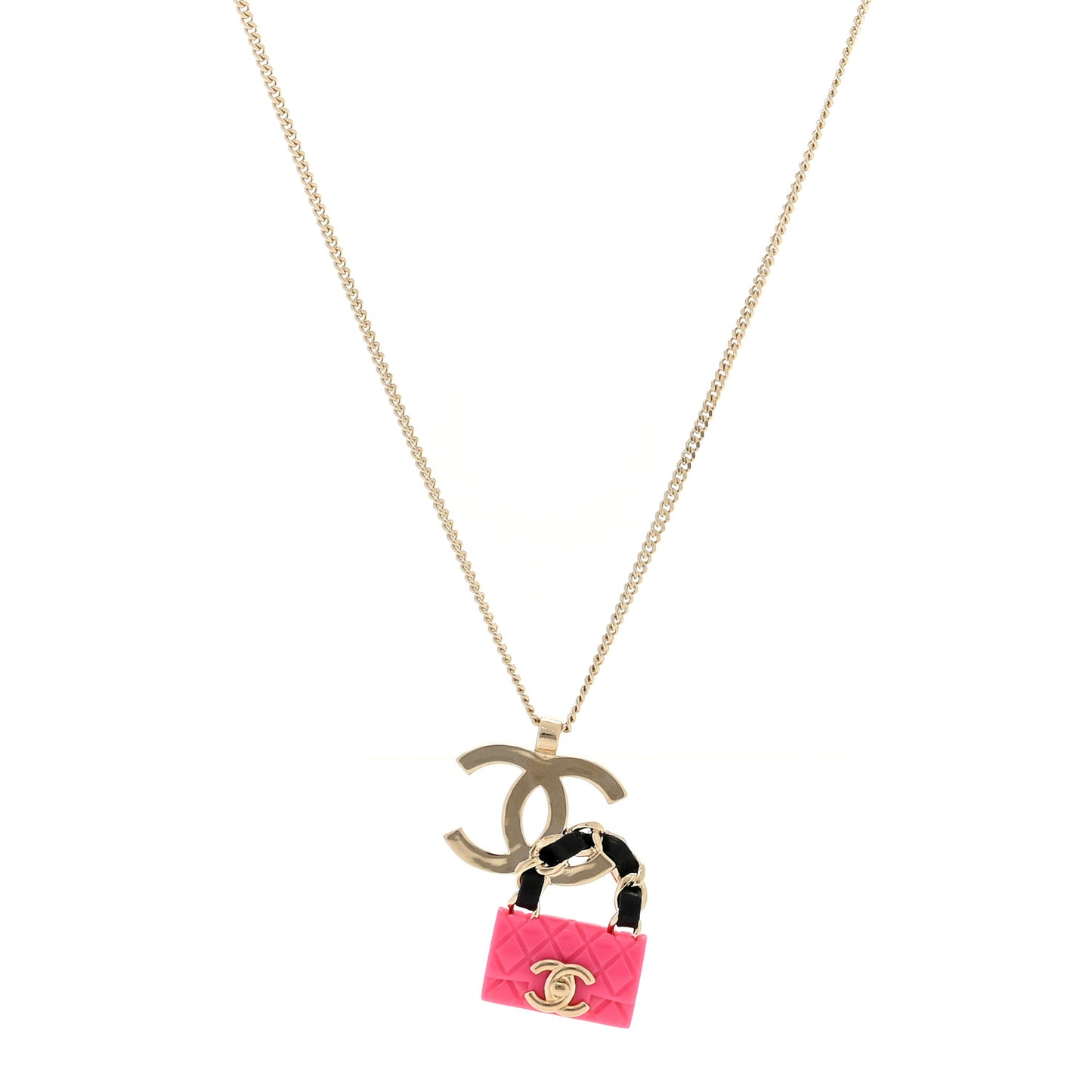 Metal Lambskin Resin CC Flap Bag Necklace Gold Black Pink