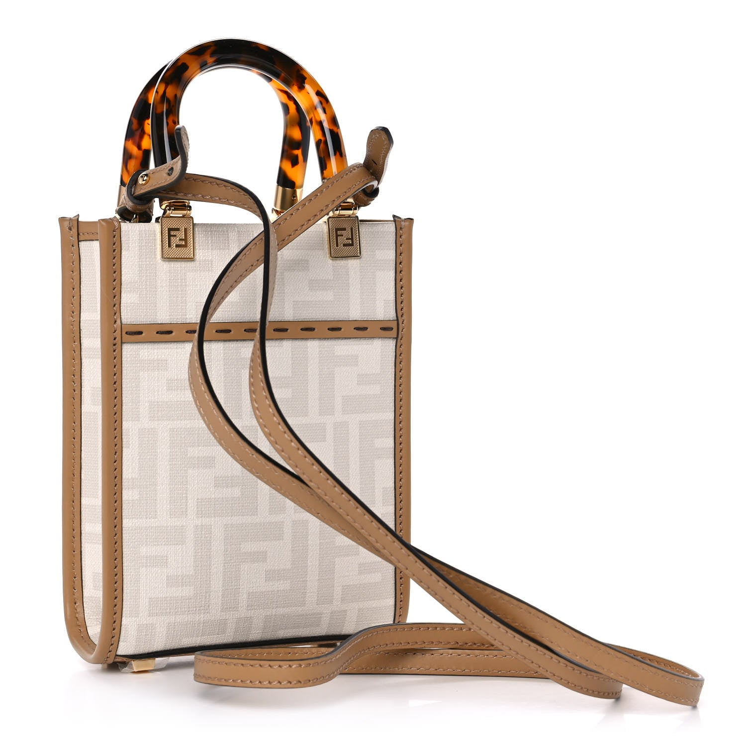 Fendi Glazed Fabric Plexiglass FF Logo Bikini Girls Mini Fendi Sunshine Shopper Tote Bianco Perla Multicolor Miele Scuro 3 of 10