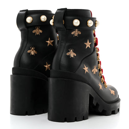 Gucci Calfskin Embroidered Lace Up Combat Ankle Boots 35 Black 4 of 9