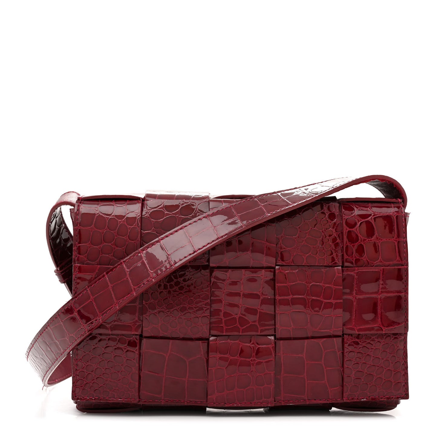 Gloss Calfskin Croc Embossed Intreccio Cassette Crossbody Bag Cherry