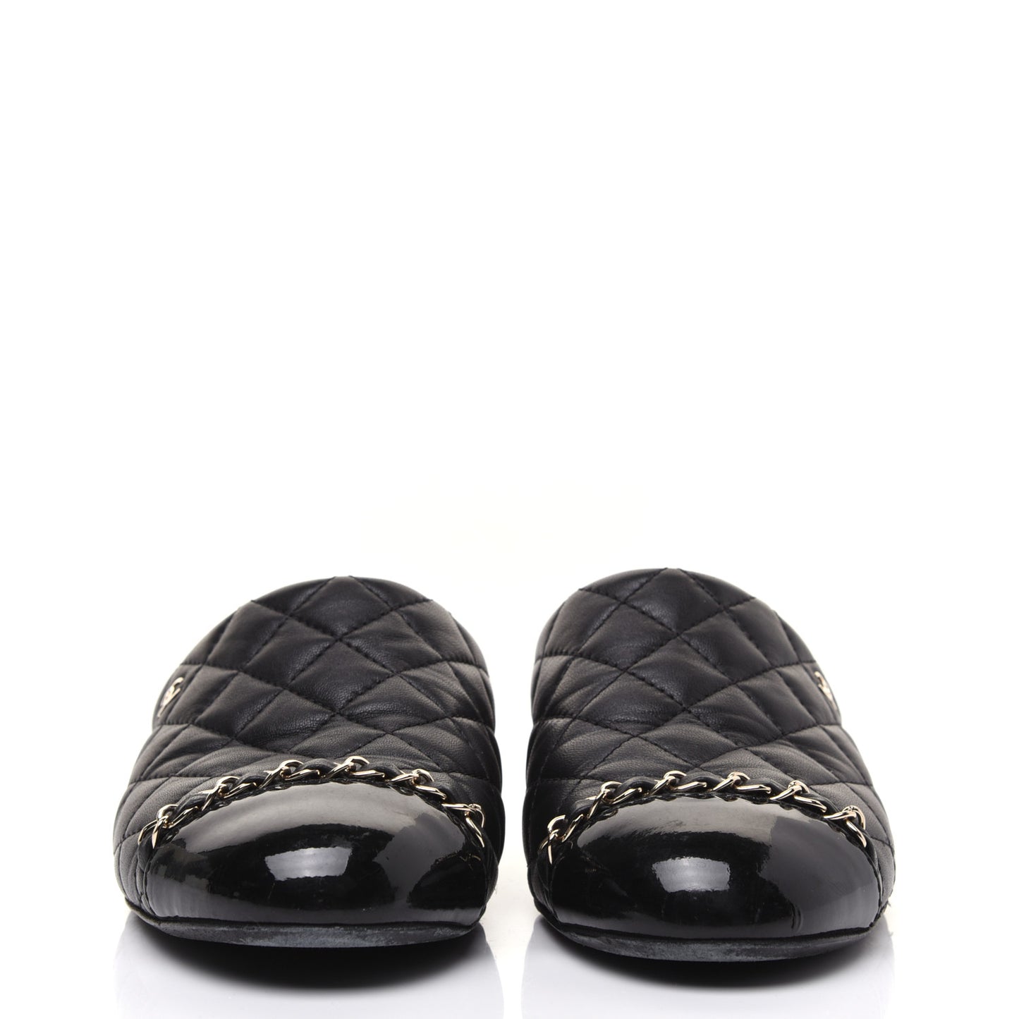 Lambskin Patent Quilted Chain Mules 37.5 Black
