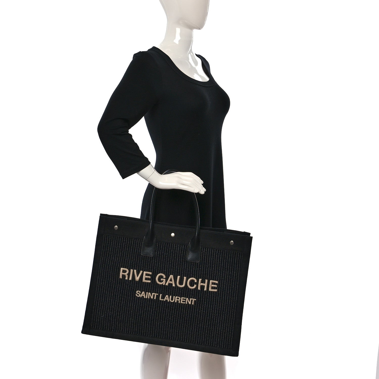 Saint Laurent Raffia Linen Calfskin Rive Gauche Tote Black 2 of 9