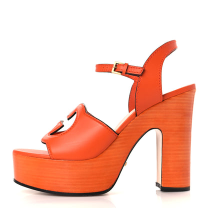 Gucci Cosmos Softy Calfskin Wooden Interlocking G Cut-Out 30/120mm Platform Sandals 40 Deep Orange 1 of 9