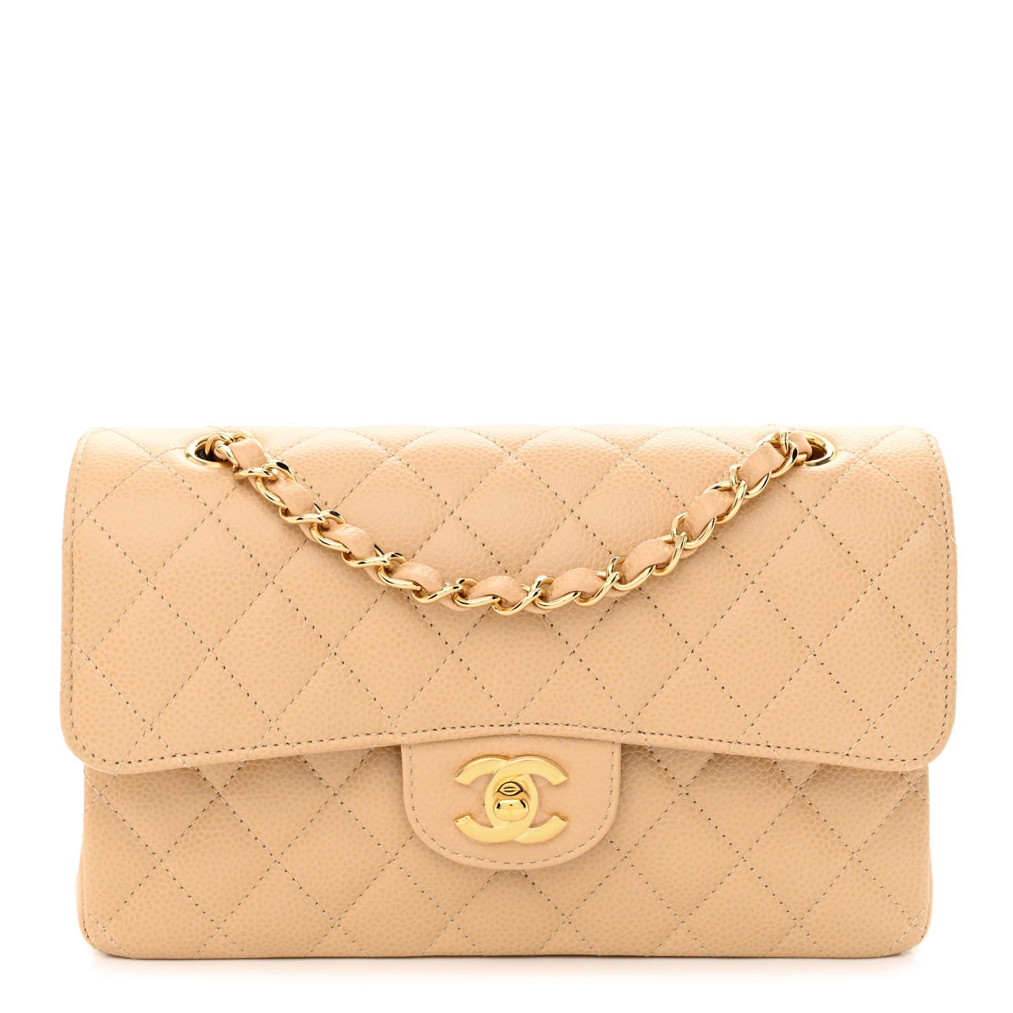 Caviar Quilted Small Double Flap Beige