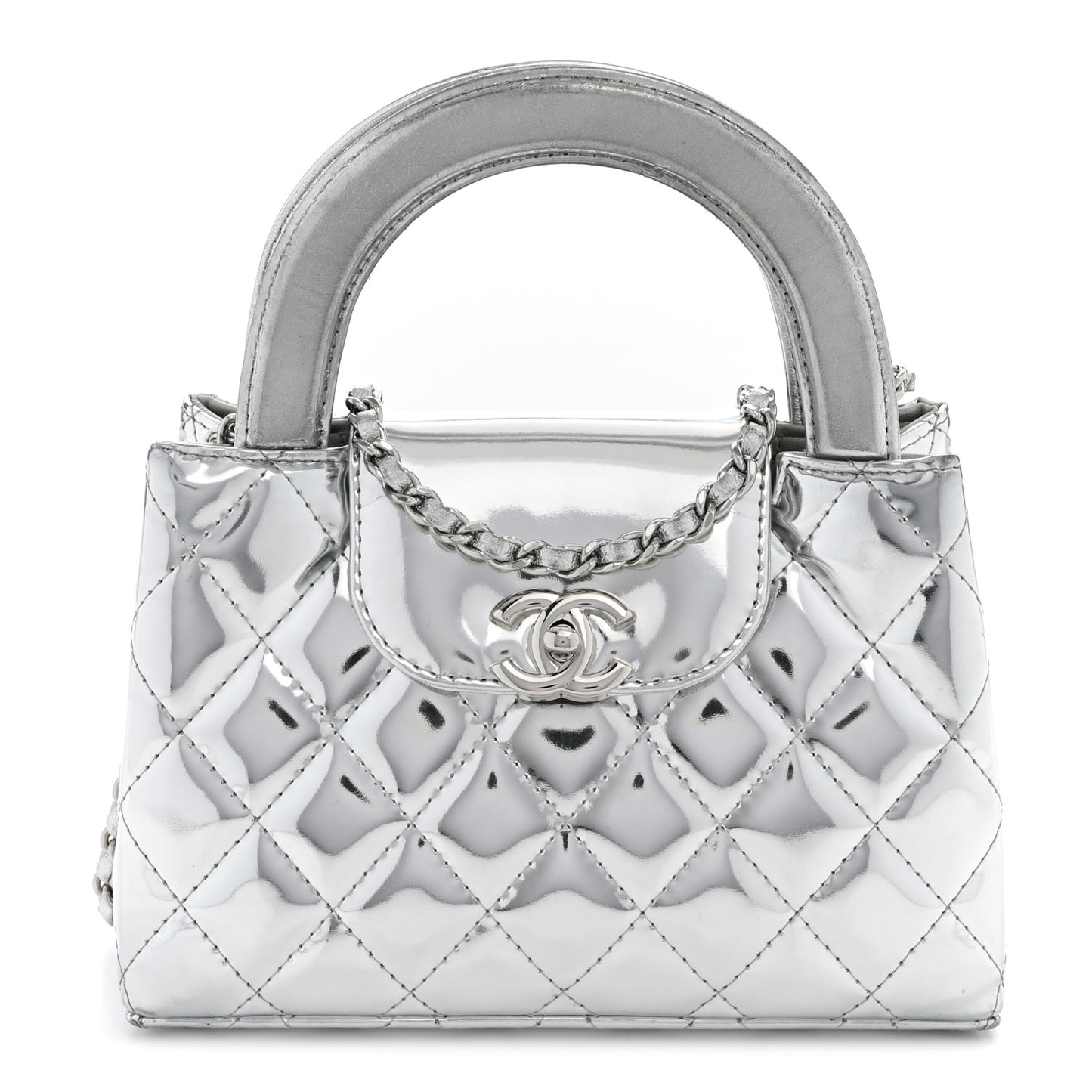 Mirror Calfskin Metallic Calfskin Quilted Nano Kelly Shopper Silvery