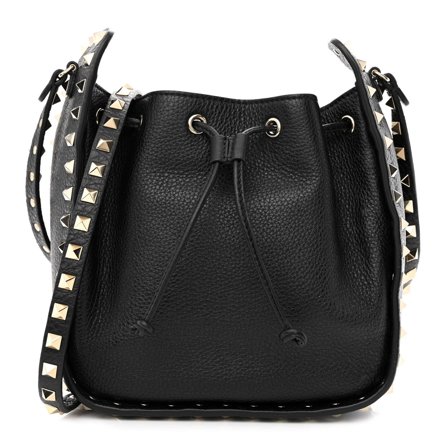 Grained Calfskin Rockstud Bucket Bag Black