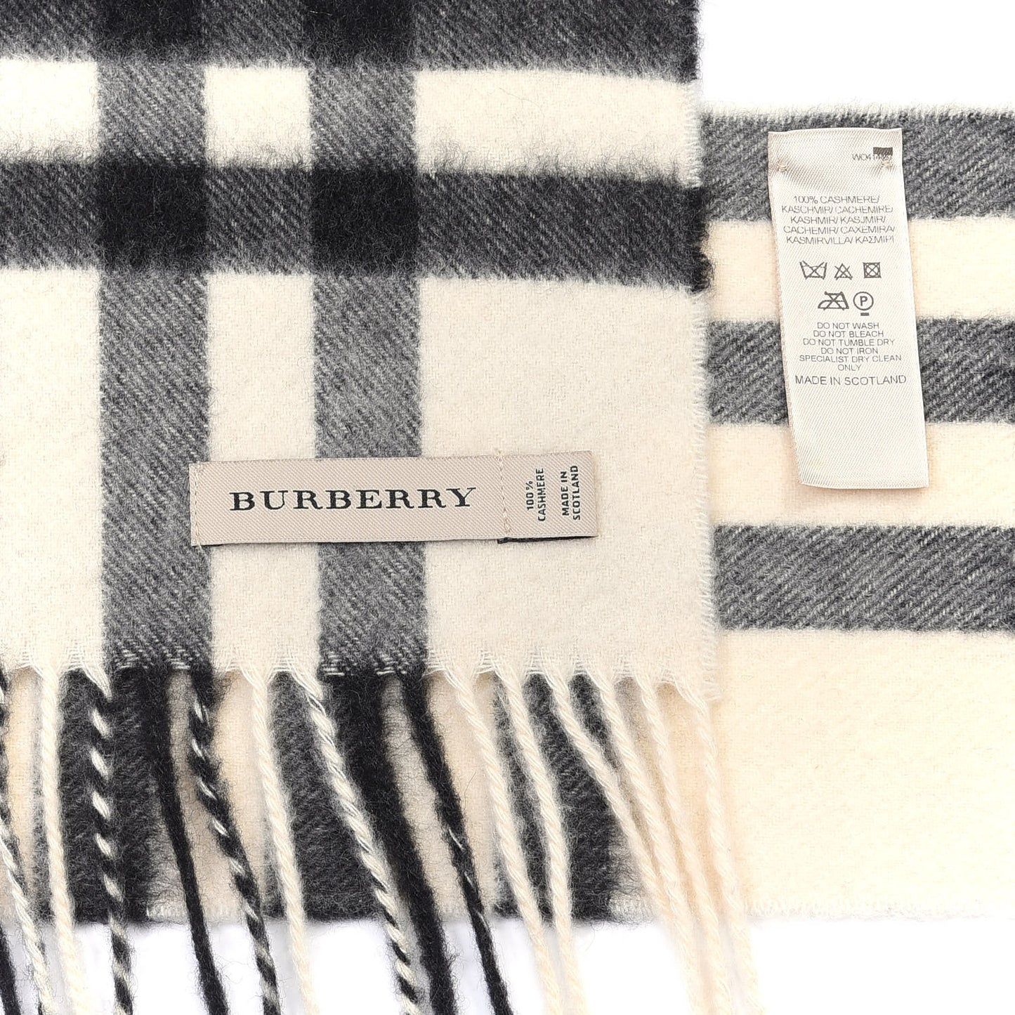 Cashmere Giant Check Fringe Scarf Ivory