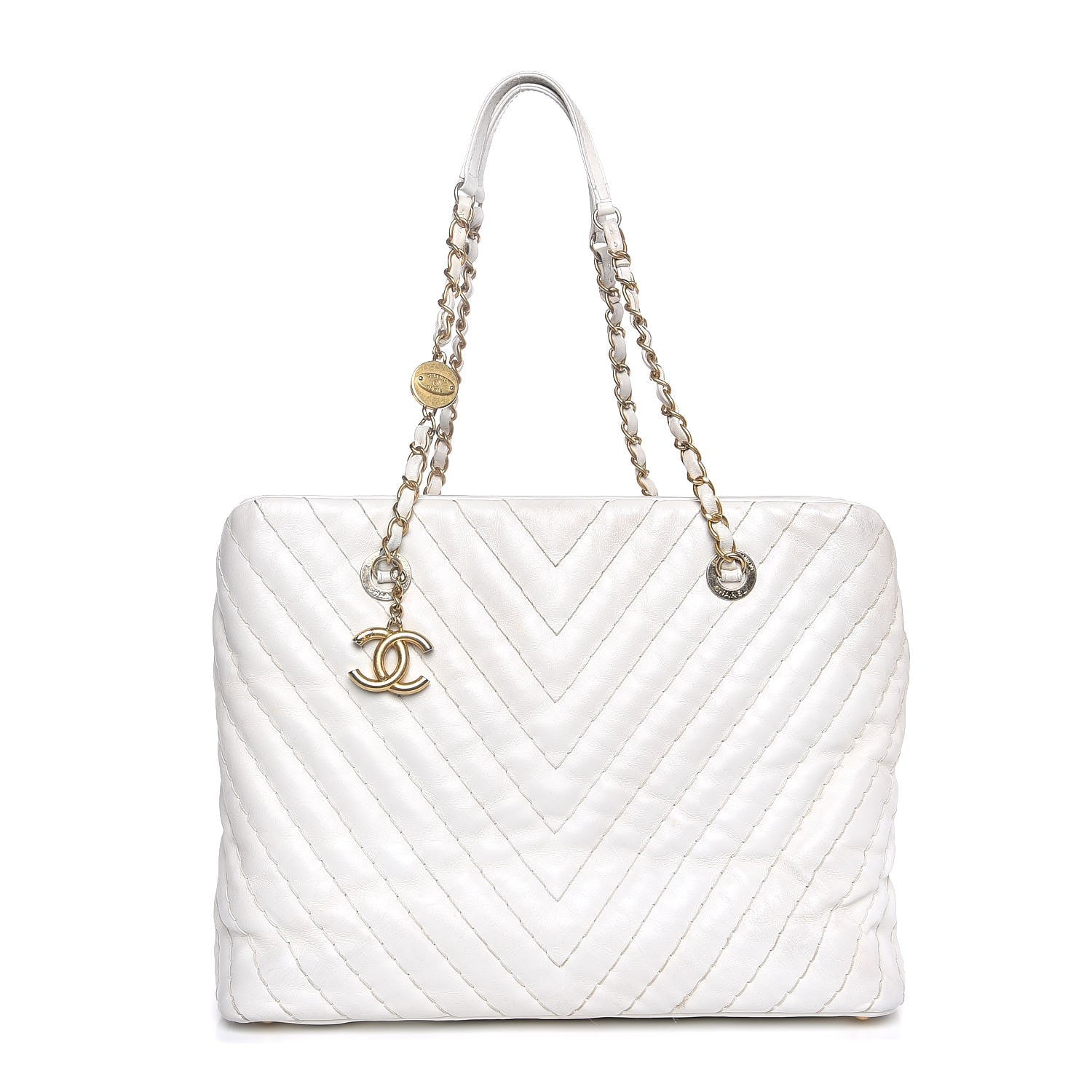 Chanel Calfskin Surpique Chevron Tote White 1 of 16
