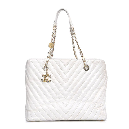 Chanel Calfskin Surpique Chevron Tote White 1 of 16