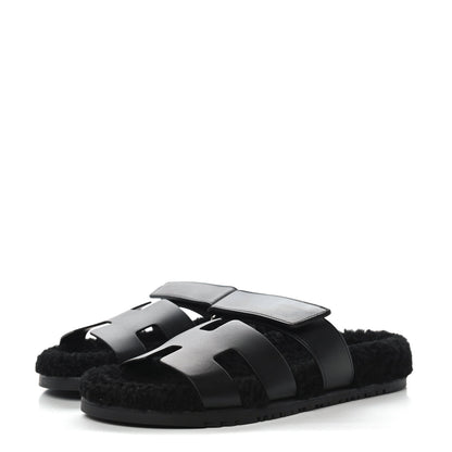 Hermes Calfskin Woolskin Womens Chypre Sandals 41 Black 3 of 10