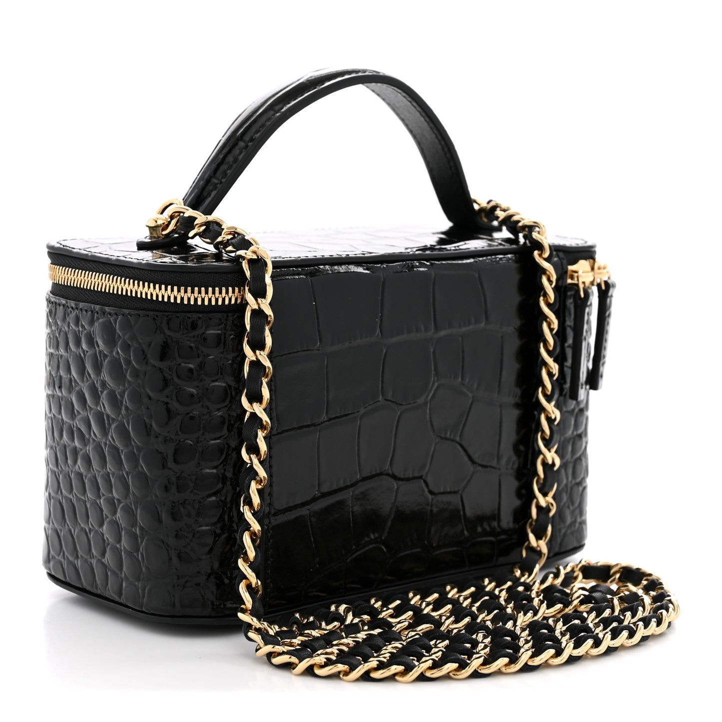 Calfskin Crocodile Embossed Crococo Small Top Handle Vanity Case With Chain Black