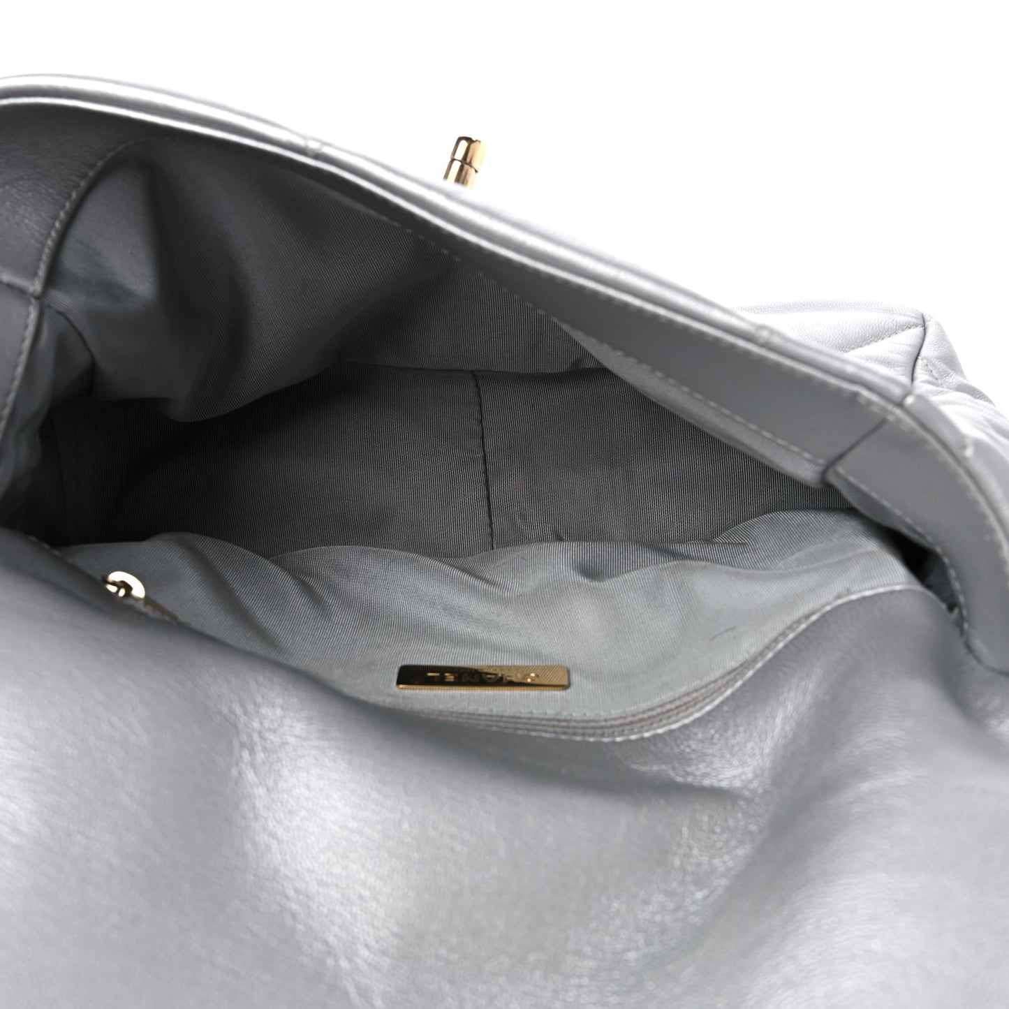 Metallic Goatskin Quilted Large Chanel 19 Flap Silver