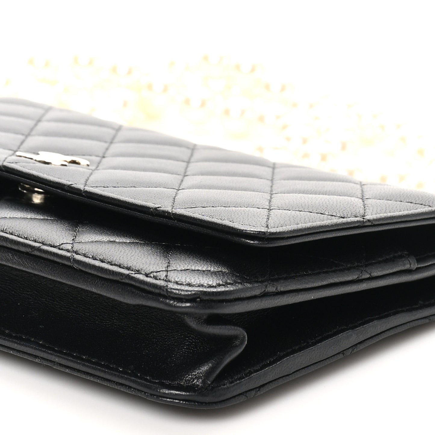 Lambskin Quilted Pearl Wallet On Chain WOC Black