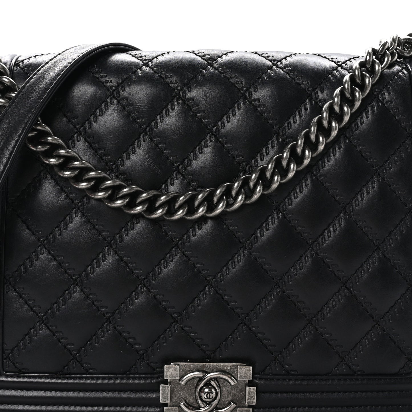 Calfskin Embossed Stitch Large Boy Flap Black