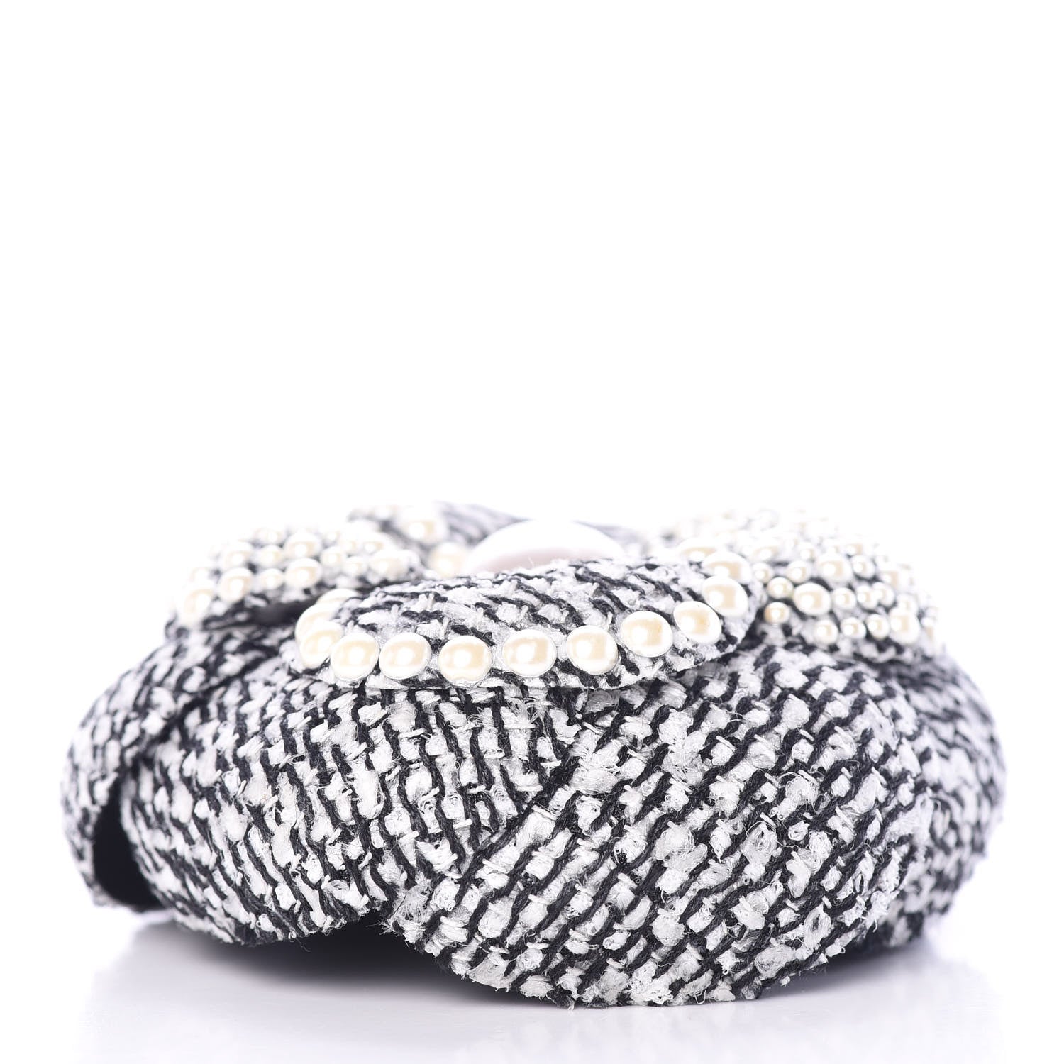 Chanel Tweed Pearl Camellia Brooch Black White Grey 3 of 6