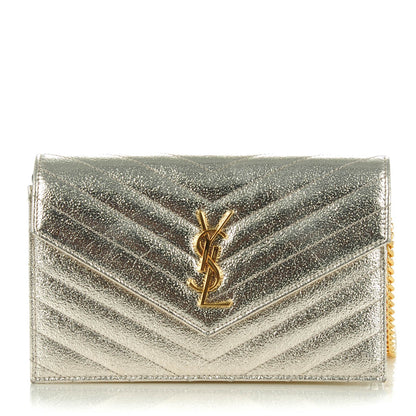 Saint Laurent Grain De Poudre Matelasse Chevron Monogram Envelope Chain Wallet Gold 1 of 6