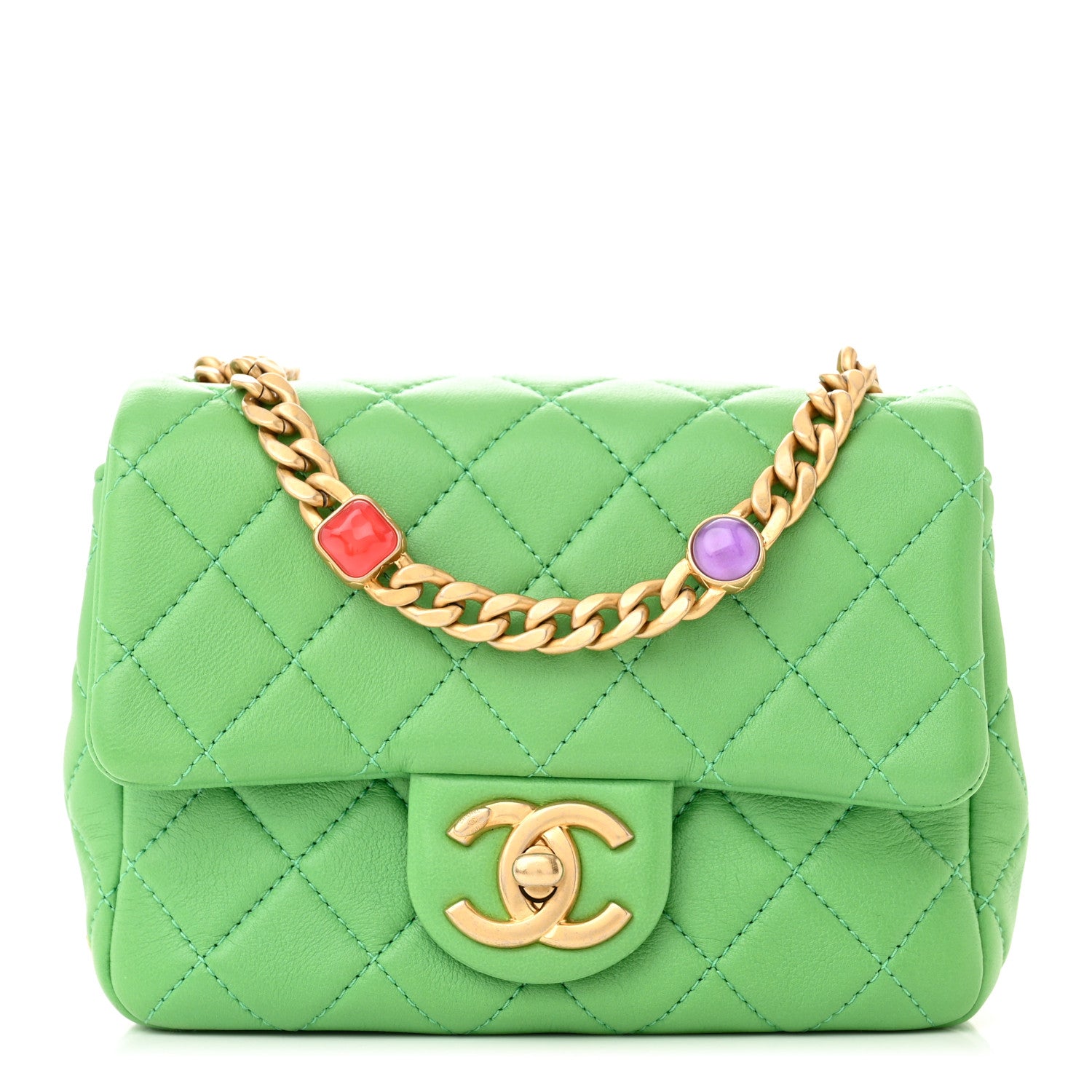 Chanel Lambskin Resin Quilted Mini Pearl Samba Square Flap Green 1 of 10