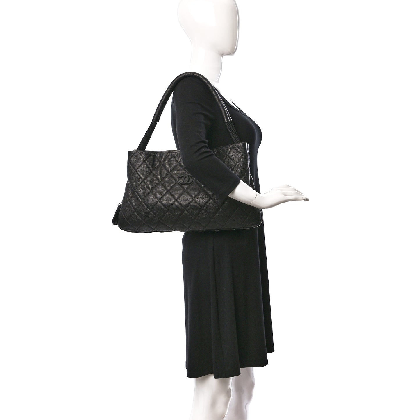 Calfskin Quilted Expandable Zip Shoulder Bag Black
