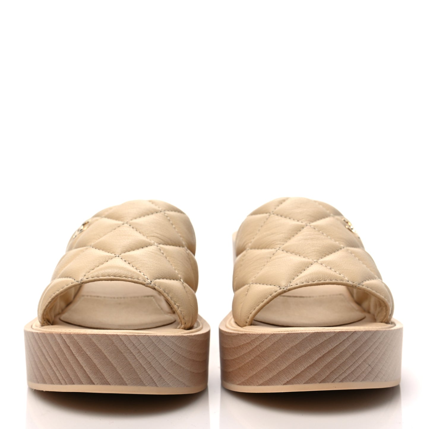 Lambskin Quilted CC Slip On Platform Sandals 39 Beige