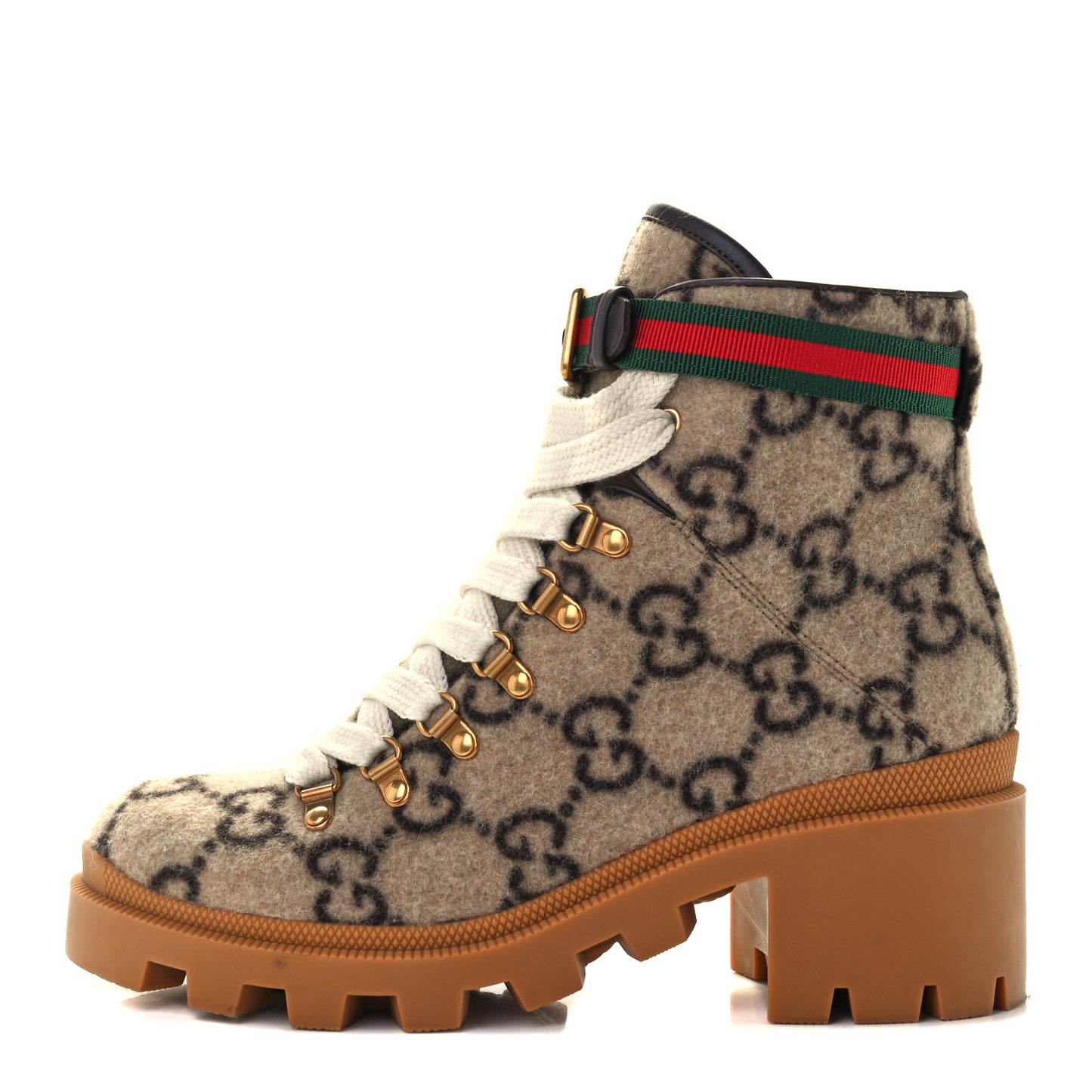Covered Wool GG Monogram Womens Lace Up Combat Ankle Boots 39 Beige Ebony Black