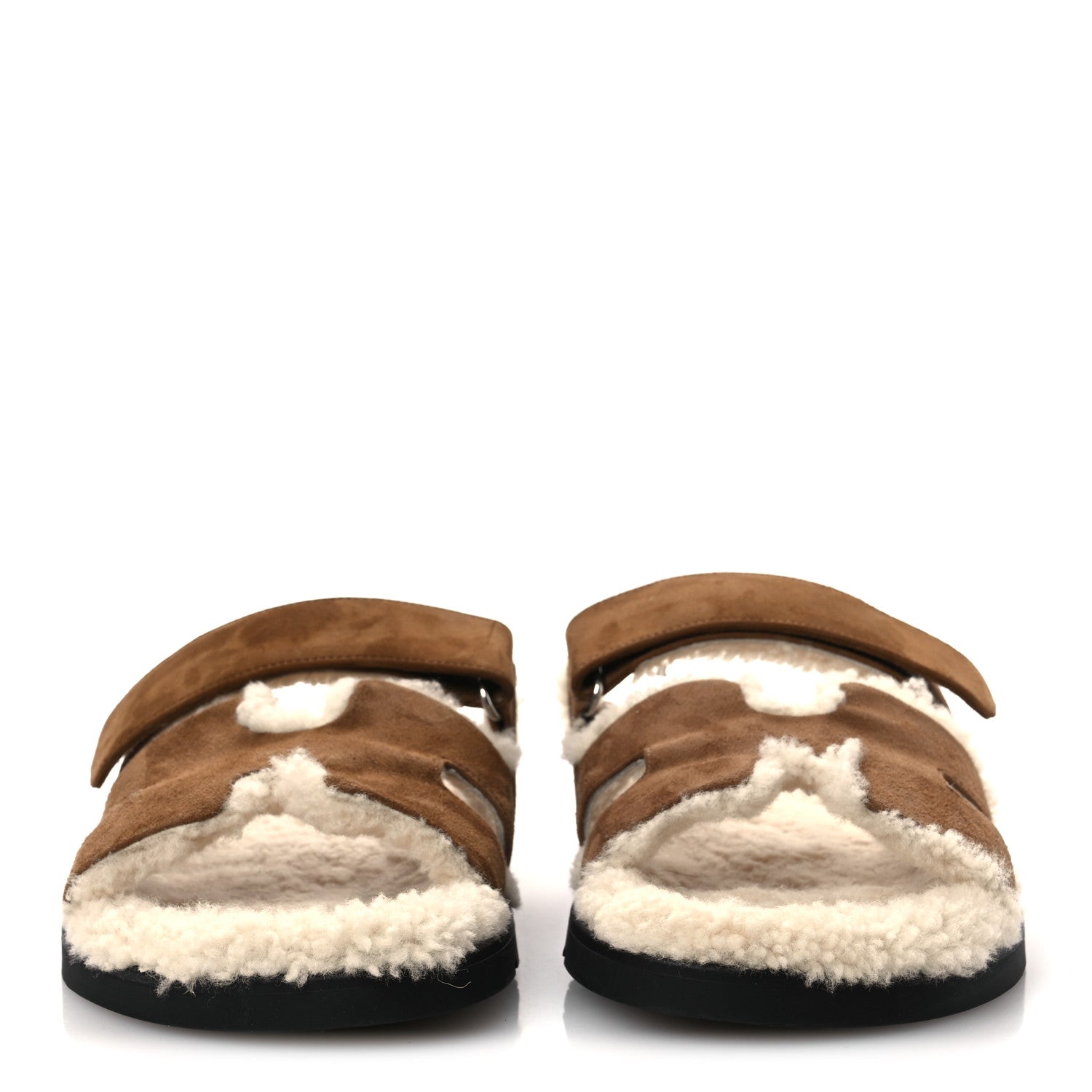 Hermes Suede Goatskin Woolskin Mens Chypre Sandals 42 Brun Fume Ecru 3 of 10