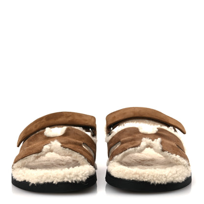 Hermes Suede Goatskin Woolskin Mens Chypre Sandals 42 Brun Fume Ecru 3 of 10