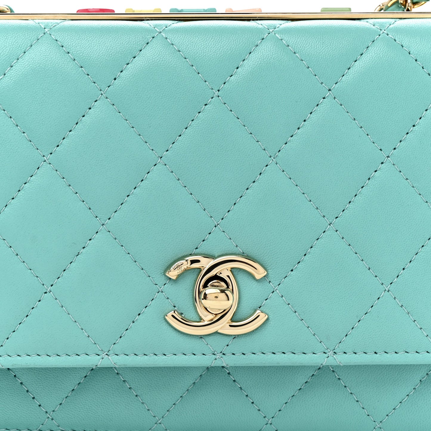Lambskin Quilted Trendy CC Wallet On Chain WOC Turquoise
