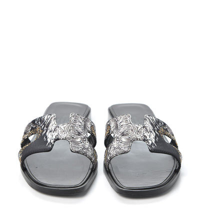 Hermes Silk Printed Equateur Tattoo Oran Sandals 35.5 Black 2 of 9