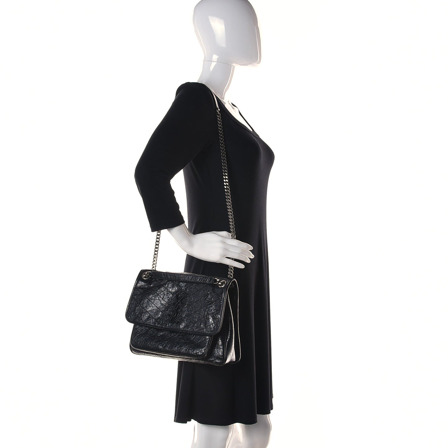 Crinkled Calfskin Matelasse Monogram Medium Niki Chain Satchel Black