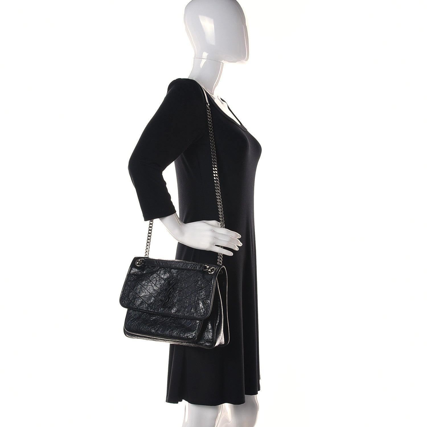 Saint Laurent Crinkled Calfskin Matelasse Monogram Medium Niki Chain Satchel Black 2 of 13