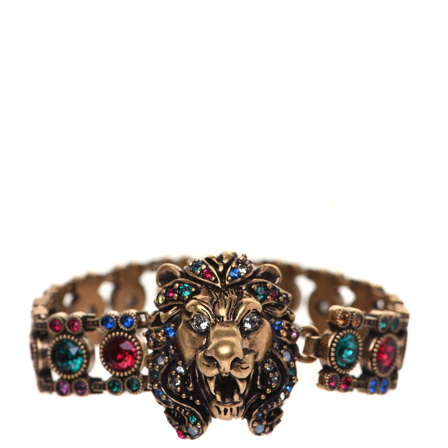 Gucci Metal Crystal Lion Head Bracelet L Aged Gold Multicolor 1 of 6